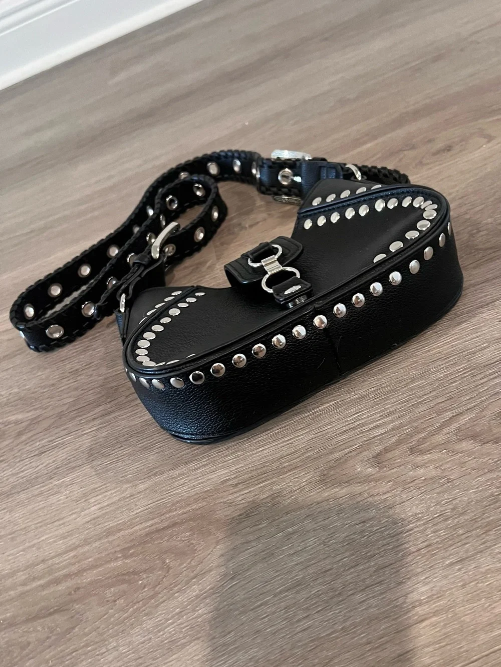 Urban Outfitters Black Studded Leather Shoulder Bag with Grommet Strap
